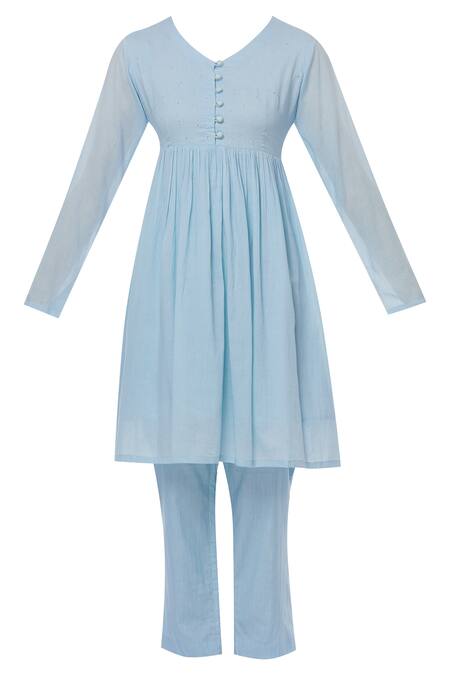Buy_Sagaa By Vanita_Blue Muslin V Neck Embroidered Kurta And Pant Set _Online_at_Aza_Fashions