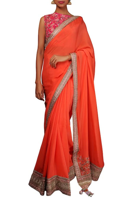 Buy_Nikasha_Coral Crepe Bateau Neackline Saree With Embroidered Blouse _Online_at_Aza_Fashions