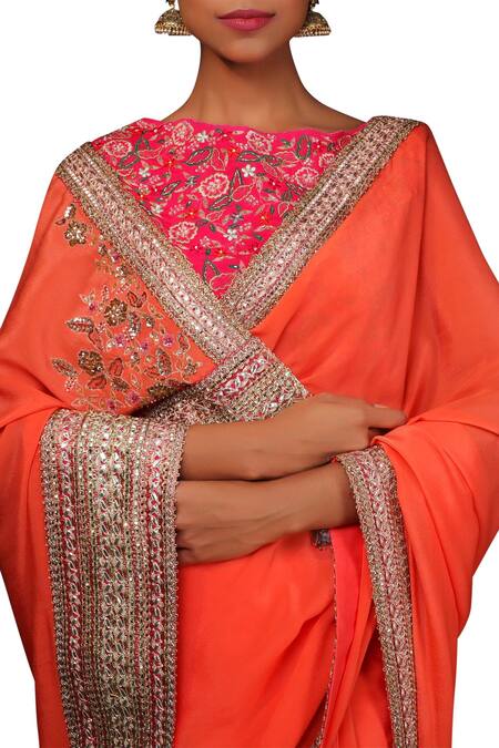 Nikasha_Coral Crepe Bateau Neackline Saree With Embroidered Blouse _Online_at_Aza_Fashions