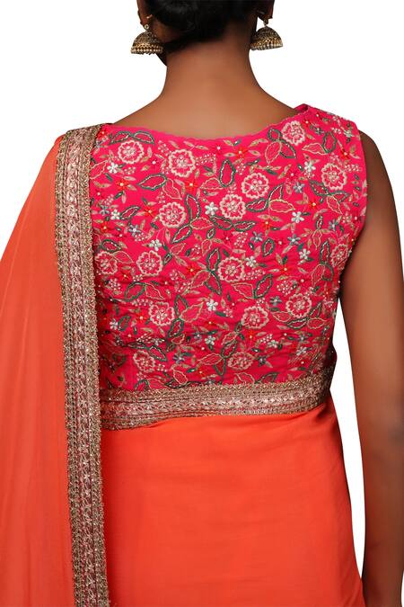 Shop_Nikasha_Coral Crepe Bateau Neackline Saree With Embroidered Blouse _Online_at_Aza_Fashions