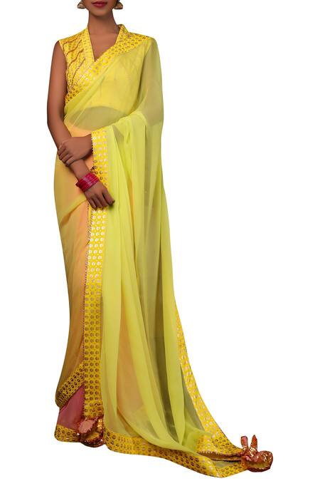 Buy_Nikasha_Yellow Chiffon Plunging V-shaped Neckline Saree With Printed Blouse _Online_at_Aza_Fashions