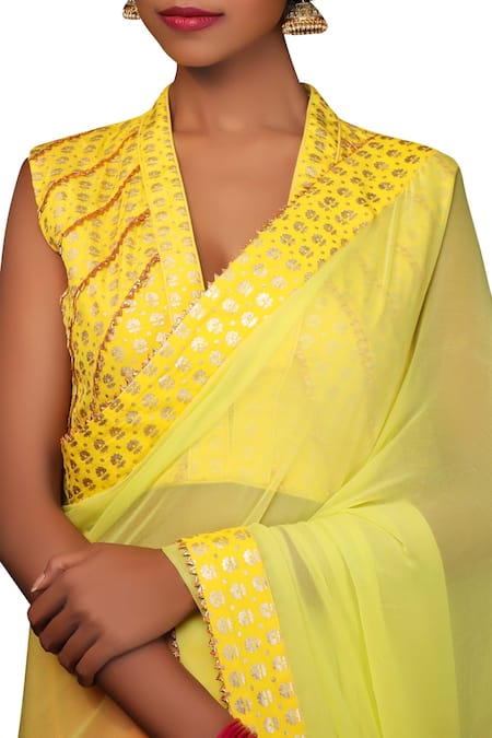 Lemon Yellow woven chiffon Phulkari Saree - Phulkari Dupatta - 3103241