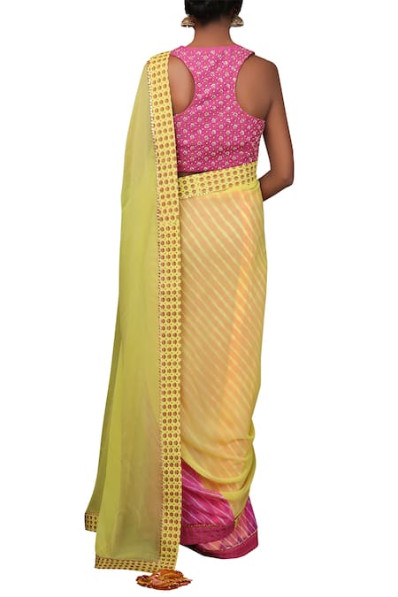 Shop_Nikasha_Yellow Chiffon Round Neck Saree With Embroidered Blouse _at_Aza_Fashions