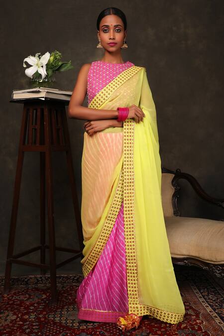 Buy_Nikasha_Yellow Chiffon Round Neck Saree With Embroidered Blouse _Online_at_Aza_Fashions