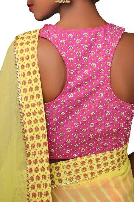 Shop_Nikasha_Yellow Chiffon Round Neck Saree With Embroidered Blouse _Online_at_Aza_Fashions