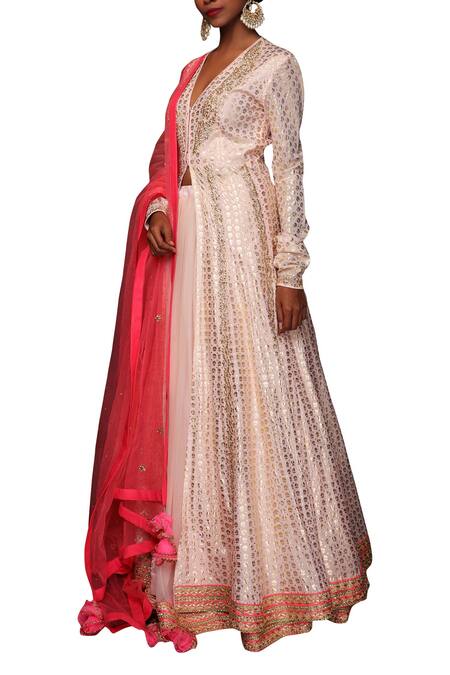 Nikasha Pink Crepe V Neck Printed Front Slit Kurta And Lehenga Set Online at Aza Fashions Nikasha_Pink Crepe V Neck Printed Front Slit Kurta And Lehenga Set _Online_at_Aza_Fashions