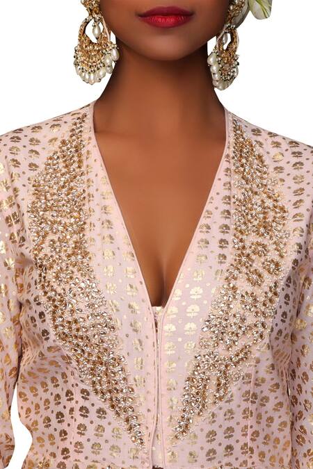 Shop Nikasha Pink Crepe V Neck Printed Front Slit Kurta And Lehenga Set Online at Aza Fashions Shop_Nikasha_Pink Crepe V Neck Printed Front Slit Kurta And Lehenga Set _Online_at_Aza_Fashions