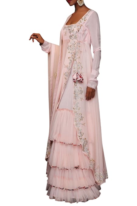 Buy Nikasha Pink Cotton Silk Square Neckline Embroidered Layered Anarkali Set Online at Aza Fashions Buy_Nikasha_Pink Cotton Silk Square Neckline Embroidered Layered Anarkali Set _Online_at_Aza_Fashions