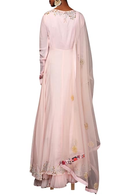Shop Nikasha Pink Cotton Silk Square Neckline Embroidered Layered Anarkali Set at Aza Fashions Shop_Nikasha_Pink Cotton Silk Square Neckline Embroidered Layered Anarkali Set _at_Aza_Fashions