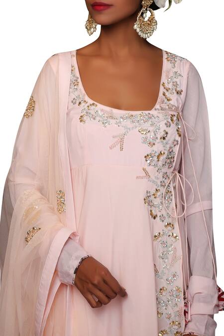 Nikasha Pink Cotton Silk Square Neckline Embroidered Layered Anarkali Set Online at Aza Fashions Nikasha_Pink Cotton Silk Square Neckline Embroidered Layered Anarkali Set _Online_at_Aza_Fashions