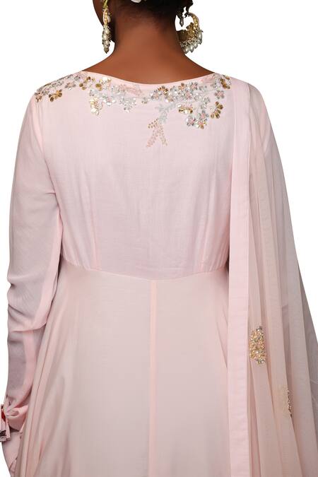 Shop Nikasha Pink Cotton Silk Square Neckline Embroidered Layered Anarkali Set Online at Aza Fashions Shop_Nikasha_Pink Cotton Silk Square Neckline Embroidered Layered Anarkali Set _Online_at_Aza_Fashions
