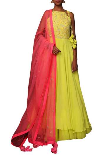 Buy_Nikasha_Green Crepe Halter Neckline Layered Anarkali Set _Online_at_Aza_Fashions