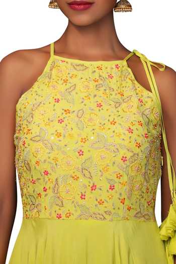 Nikasha_Green Crepe Halter Neckline Layered Anarkali Set _Online_at_Aza_Fashions