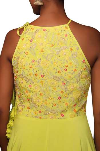 Shop_Nikasha_Green Crepe Halter Neckline Layered Anarkali Set _Online_at_Aza_Fashions