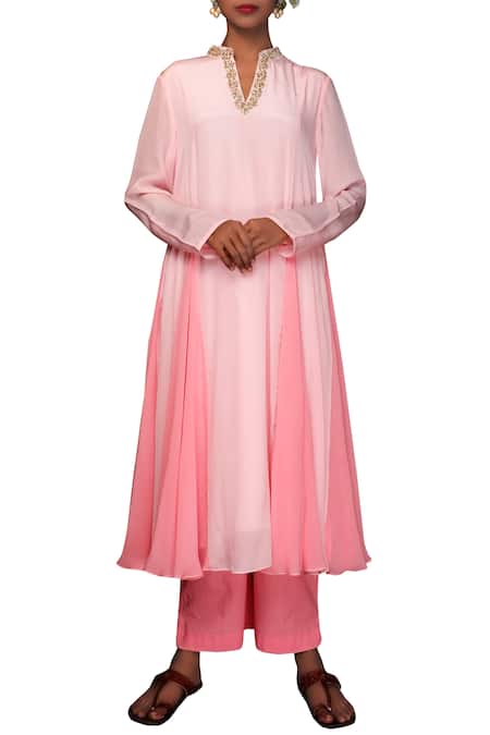 Buy_Nikasha_Pink Crepe Notch Neck Flared Kurta Pant Set _Online_at_Aza_Fashions