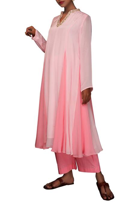 Nikasha_Pink Crepe Notch Neck Flared Kurta Pant Set _Online_at_Aza_Fashions