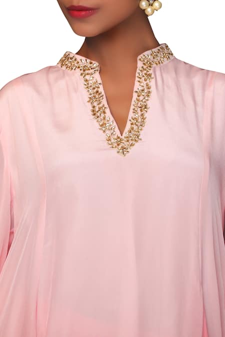 Shop_Nikasha_Pink Crepe Notch Neck Flared Kurta Pant Set _Online_at_Aza_Fashions