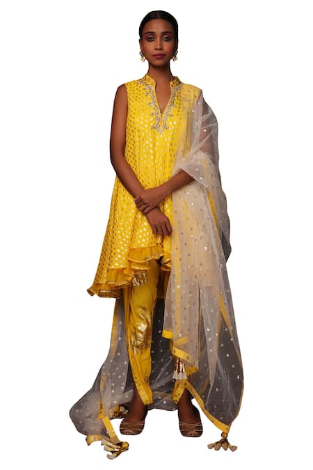 Nikasha_Yellow Crepe Stand Collar Printed Tunic And Dhoti Pants Set _Online_at_Aza_Fashions