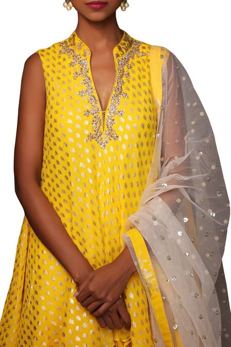 Shop_Nikasha_Yellow Crepe Stand Collar Printed Tunic And Dhoti Pants Set _Online_at_Aza_Fashions