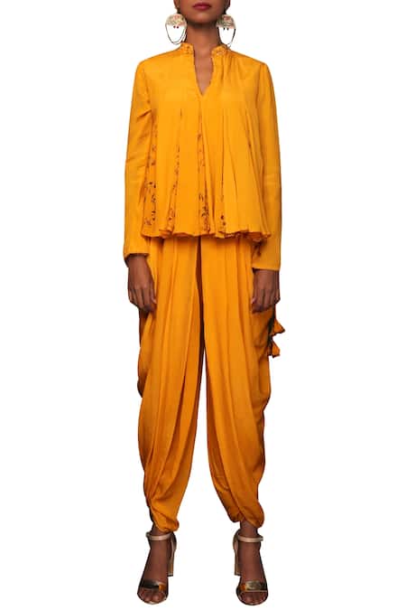 Buy_Nikasha_Yellow Crepe Notched Floral Kurta Dhoti Pant Set _Online_at_Aza_Fashions