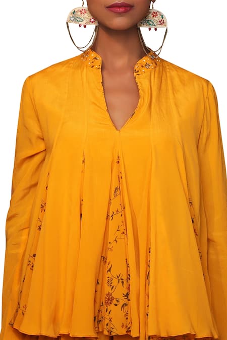 Shop_Nikasha_Yellow Crepe Notched Floral Kurta Dhoti Pant Set _Online_at_Aza_Fashions