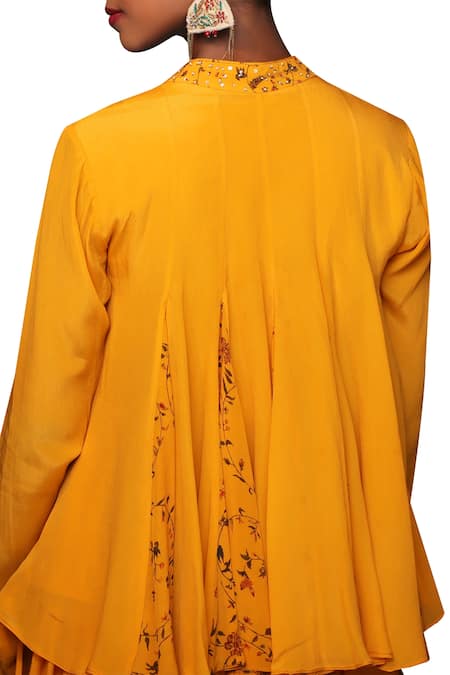 Nikasha_Yellow Crepe Notched Floral Kurta Dhoti Pant Set _at_Aza_Fashions