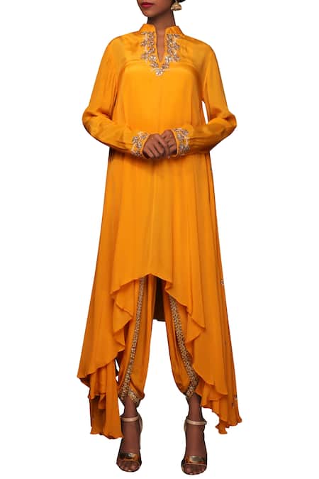 Buy_Nikasha_Yellow Crepe Stand Collar Asymmetric Tunic And Dhoti Pant Set _Online_at_Aza_Fashions