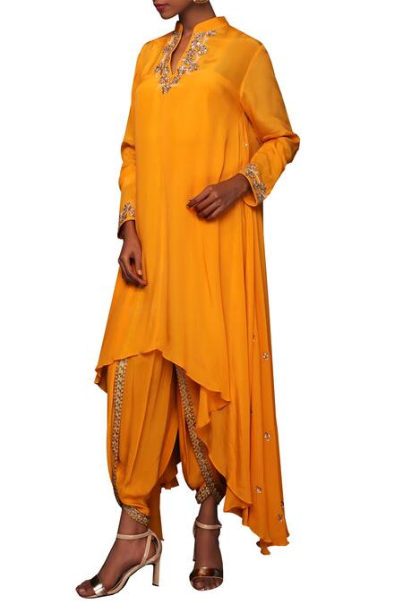 Nikasha_Yellow Crepe Stand Collar Asymmetric Tunic And Dhoti Pant Set _Online_at_Aza_Fashions