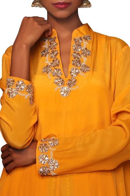 Nikasha_Yellow Crepe Stand Collar Asymmetric Tunic And Dhoti Pant Set _at_Aza_Fashions