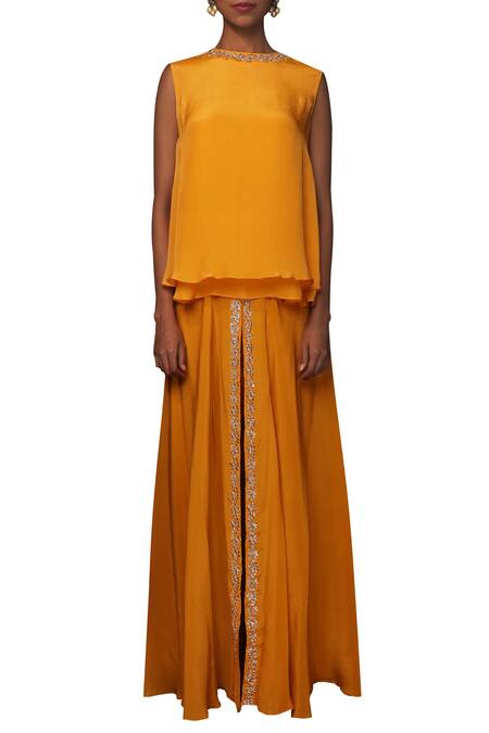 Nikasha_Yellow Crepe Round Neck Layered Top With Flared Pants _Online_at_Aza_Fashions