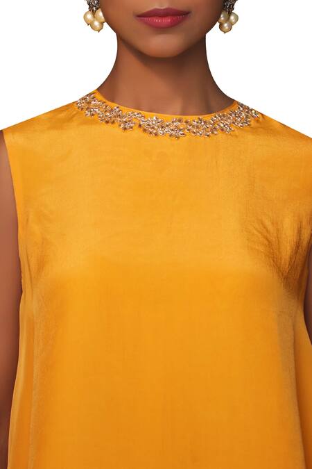 Buy_Nikasha_Yellow Crepe Round Neck Layered Top With Flared Pants _Online_at_Aza_Fashions