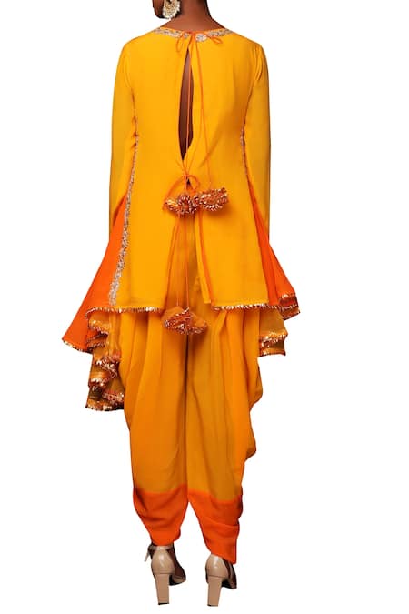 Shop_Nikasha_Yellow Crepe Bateau Asymmetric Kurta And Dhoti Pant Set _at_Aza_Fashions