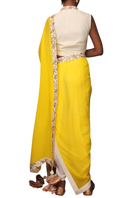 Shop_Nikasha_Yellow Cotton Shawl Collar Pre-draped Dhoti Pant Saree Set _at_Aza_Fashions