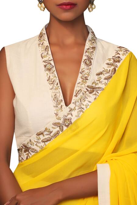 Buy_Nikasha_Yellow Cotton Shawl Collar Pre-draped Dhoti Pant Saree Set _Online_at_Aza_Fashions