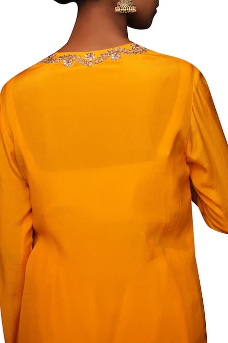 Nikasha_Yellow Silk Notched Embroidered Kurta Set _Online_at_Aza_Fashions