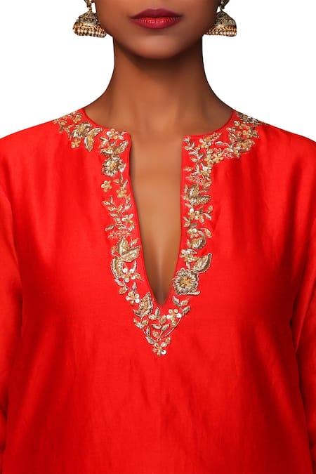 Shop_Nikasha_Red Chanderi Silk Notched Kurta Set _Online_at_Aza_Fashions