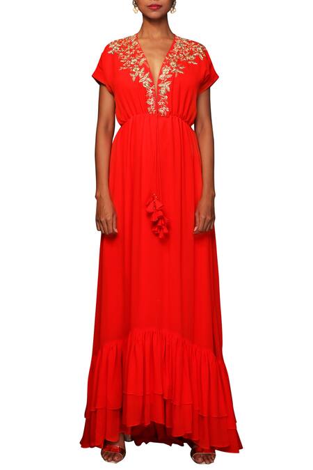 Buy_Nikasha_Red Georgette Plunge V Neck Kaftan Dress _Online_at_Aza_Fashions