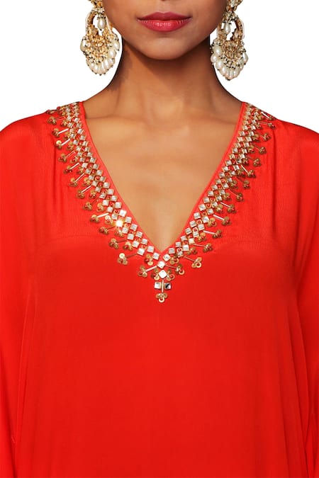 Nikasha Red Crepe V Neck Kurta Sharara Set Online at Aza Fashions Nikasha_Red Crepe V Neck Kurta Sharara Set _Online_at_Aza_Fashions