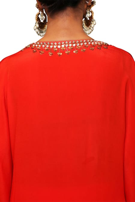 Shop Nikasha Red Crepe V Neck Kurta Sharara Set Online at Aza Fashions Shop_Nikasha_Red Crepe V Neck Kurta Sharara Set _Online_at_Aza_Fashions