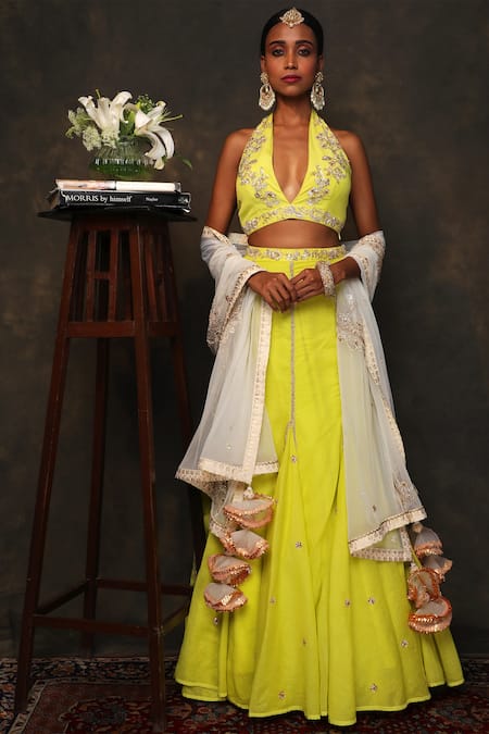 Nikasha Yellow Organdy Plunging V-shaped Neckline Embroidered Blouse Lehenga Set 