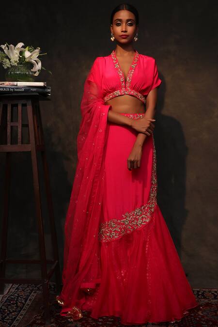 Shop_Nikasha_Pink Crepe Plunging V-shaped Neckline Embroidered Blouse Lehenga Set _Online_at_Aza_Fashions