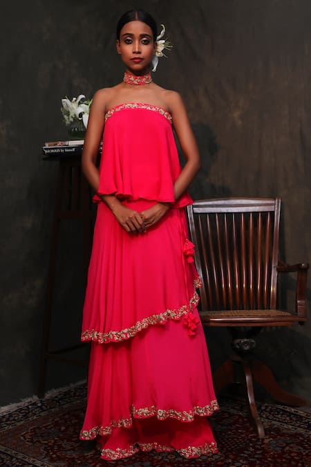 Nikasha Pink Crepe Flared Top And Layered Lehenga 