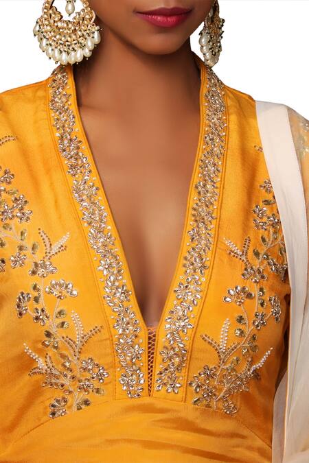 Shop_Nikasha_Yellow Crepe V Neck Embroidered Kurta Lehenga Set _Online_at_Aza_Fashions