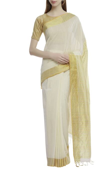 Anka_Cream Cotton Saree With Running Blouse_Online_at_Aza_Fashions