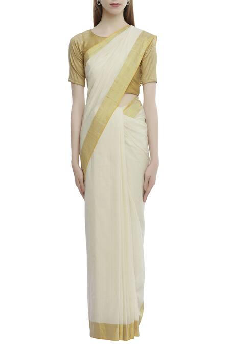 Buy_Anka_Cream Cotton Saree With Running Blouse_Online_at_Aza_Fashions