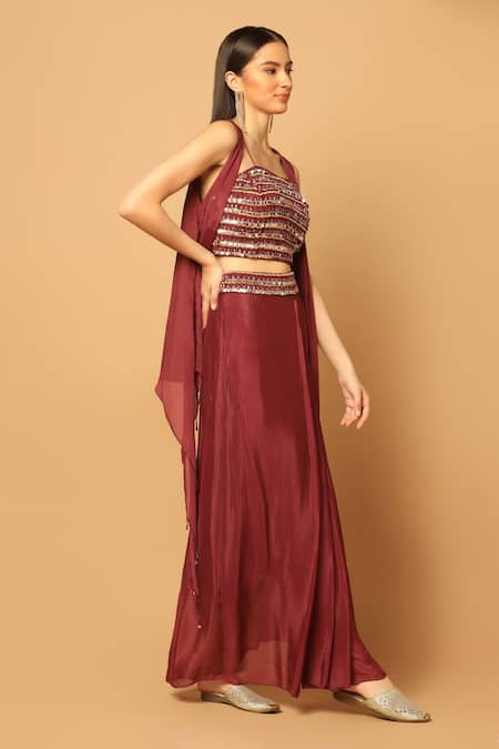 Buy Two Sisters By Gyans Maroon Chiffon Beads, Sequins, Crystals High Low Hem Cape And Draped Skirt Set Online at Aza Fashions Buy_Two Sisters By Gyans_Maroon Chiffon Beads, Sequins, Crystals High Low Hem Cape And Draped Skirt Set _Online_at_Aza_Fashions