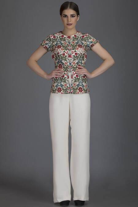 Buy_Varun Bahl_White Raw Silk Round Embroidered Jacket Pant Ser_Online_at_Aza_Fashions