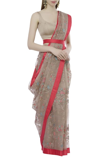 Ranian Beige Silk Organza Embroidered Saree With Blouse