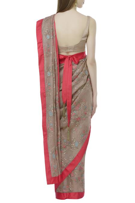 Shop_Ranian_Beige Silk Organza Embroidered Saree With Blouse_at_Aza_Fashions