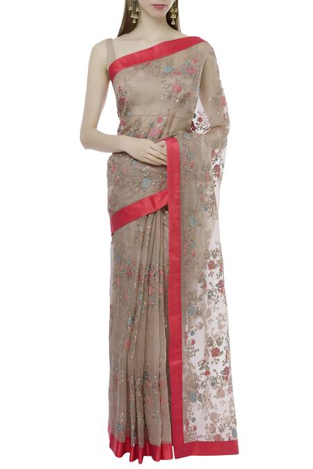 Ranian_Beige Silk Organza Embroidered Saree With Blouse_Online_at_Aza_Fashions